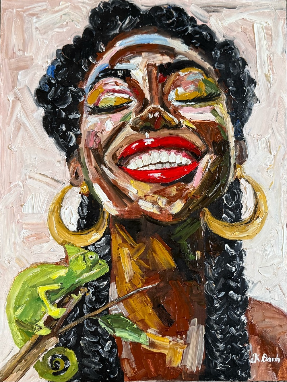 Original oil painting joyful African woman portrait canvas signed 12x16 in inch